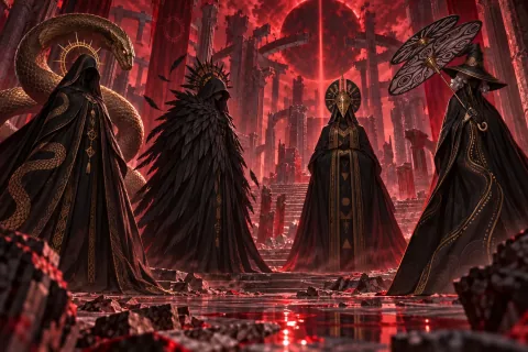AIシンボリックイラスト — 4人のカディシュトゥ女魔の役割を、蛇・羽・仮面・帽子のシンボルで表現しました。これは原作の特定の儀式シーンや衣装をそのまま再現した公式画像ではありません。