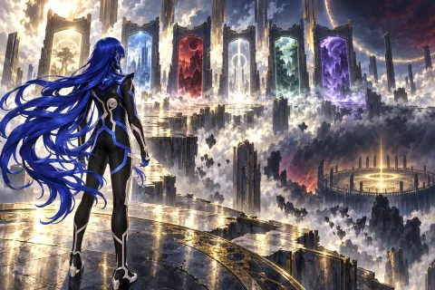 AI 詮釋插圖 — 選擇性戰鬥與異世界的陰影。此為參考公開人物與背景資料進行的重構，象徵性表達並非原作畫面或未經證實事件的再現。