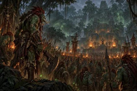 Bab 4 · Ambisi kerajaan lama yang bangkit kembali di Zul'Aman — Ini adalah ilustrasi buatan AI yang direkonstruksi berdasarkan materi publik. Ini bukan gambar resmi.