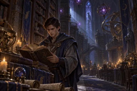 Bab 1 · Murid Muda dari Dalaran — Ini adalah ilustrasi buatan AI yang direkonstruksi berdasarkan materi publik. Ini bukan gambar resmi.