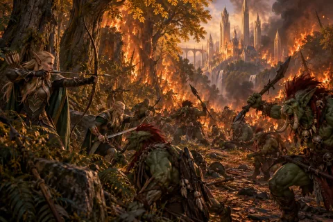 Bab 4 · Hutan Quel'Thalas Tidak Bisa Tetap Menjadi Perang Orang Lain — Ini adalah ilustrasi buatan AI yang direkonstruksi berdasarkan materi publik. Ini bukan gambar resmi.
