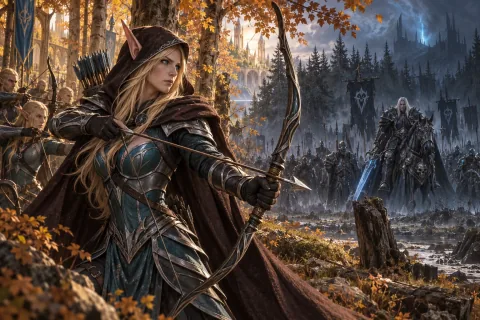 3. Sylvanas at ang mga Ranger — Ito ay isang ilustrasyong binuo ng AI na muling binuo batay sa mga pampublikong materyales. Hindi ito isang opisyal na larawan.
